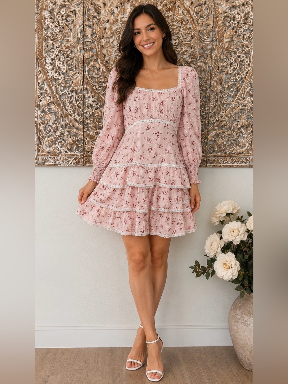 Lulus Lasting Bliss Pink Floral Coquette Ruffled Square Neck Summer Mini Dress